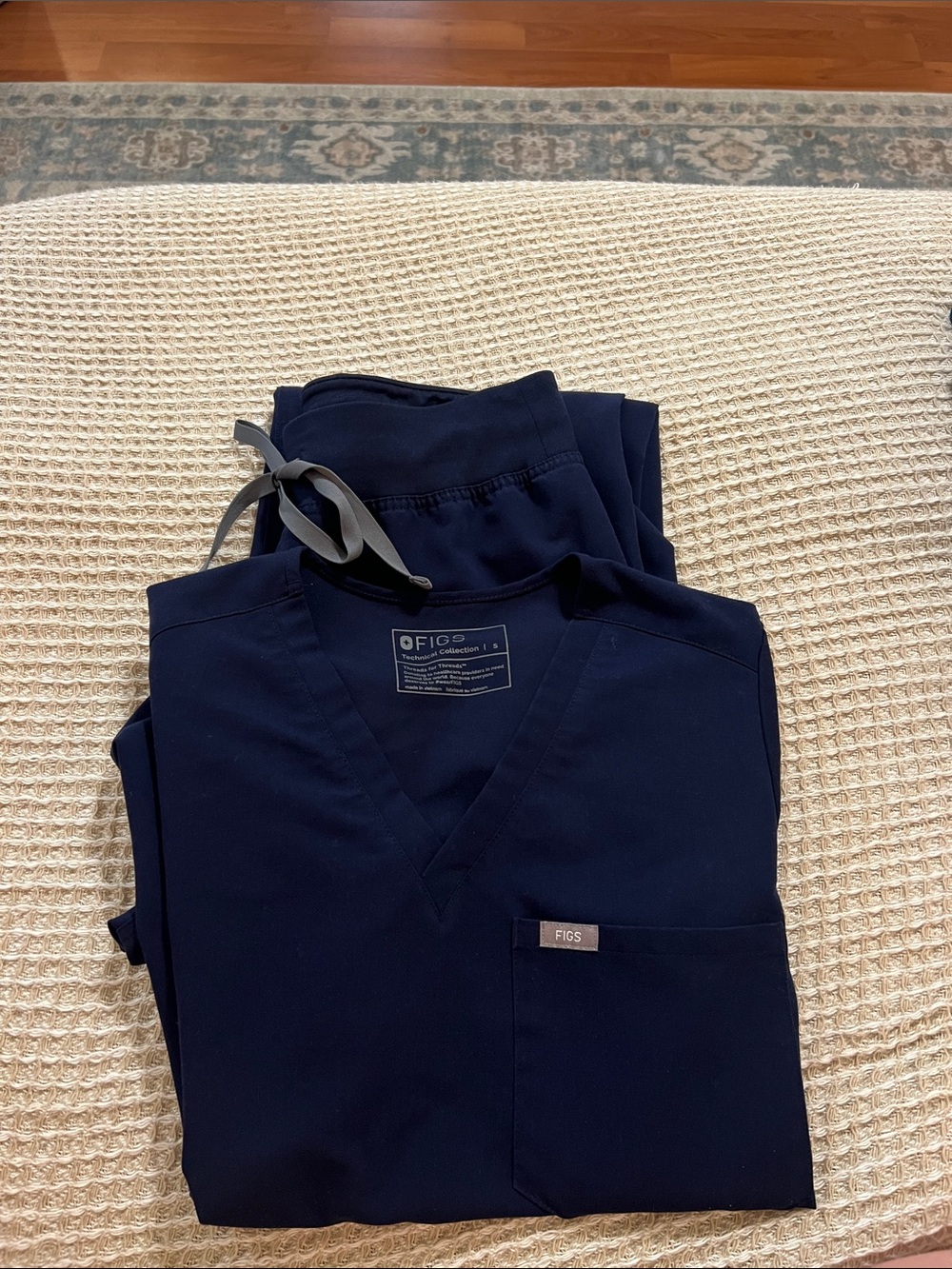 Figs Navy V-Neck Scrub Set with Gray Drawstring